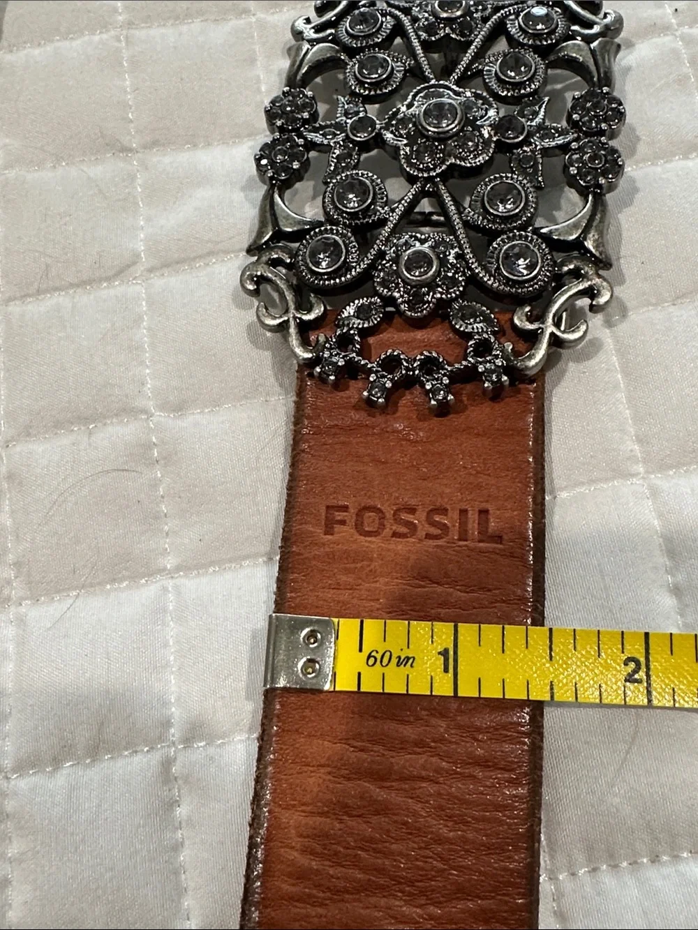 Fossil Women's Brown Leather Belt with Decorative Silver Bling Buckle